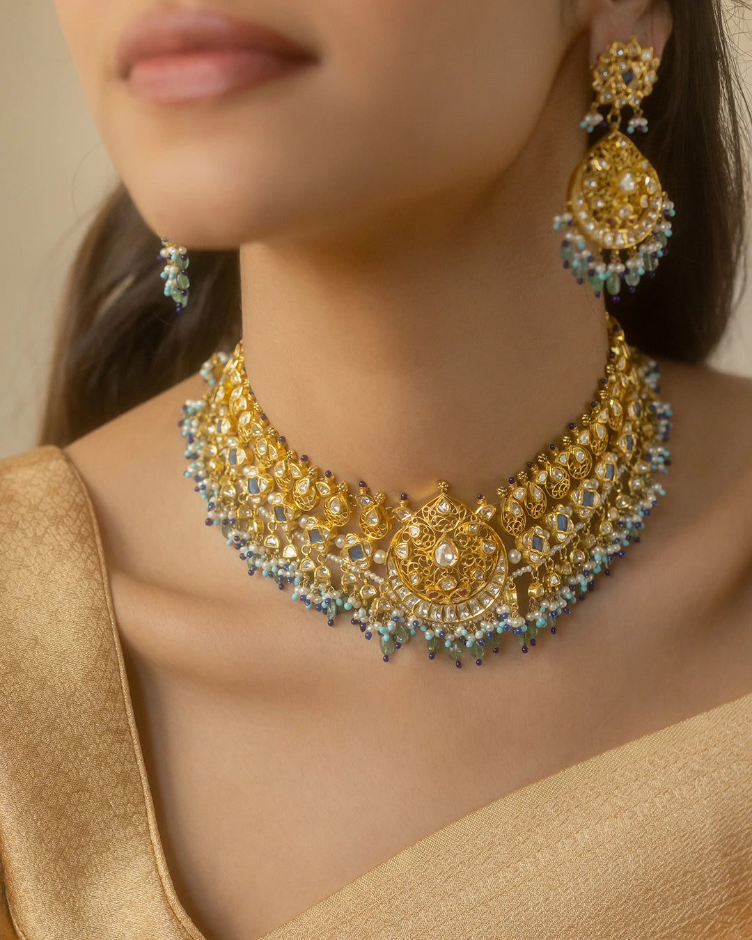 Apara polki bridal necklace with emeralds pearls and kundan set diamonds