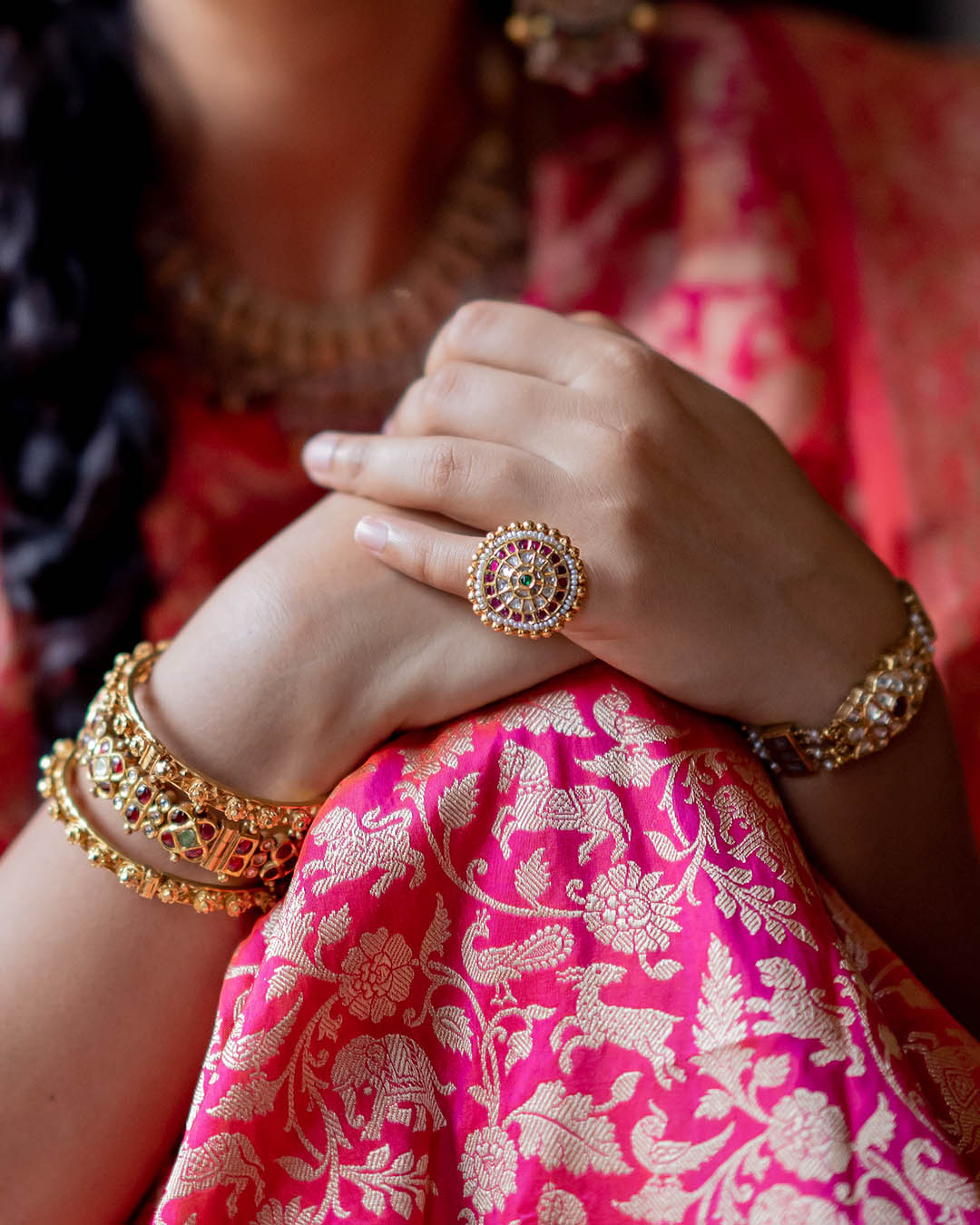 Crimson Gold Red And Green Polki Ring – Timeless Indian Jewelry | Aurus