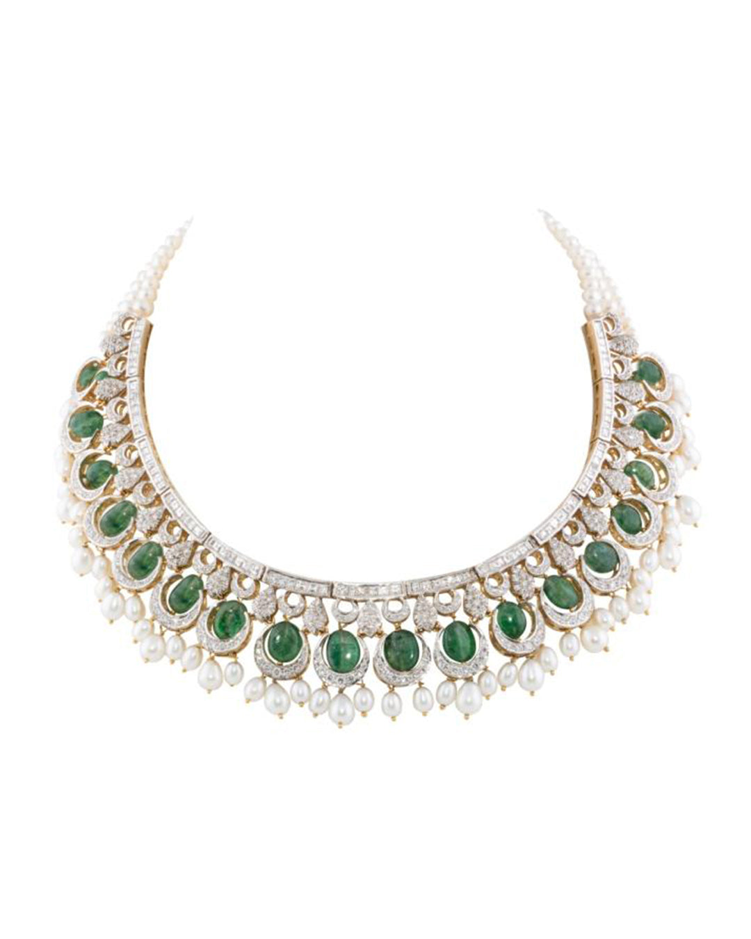 Esmer Necklace - a gold necklace with emerald cabochon and diamond halo motifs and a cultured pearl fringe