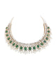 Esmer Necklace - a gold necklace with emerald cabochon and diamond halo motifs and a cultured pearl fringe