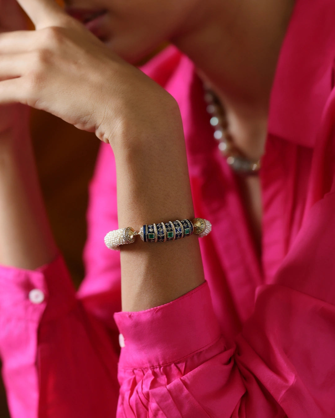 Fez bracelet crafted with natural diamonds pearls and emeralds