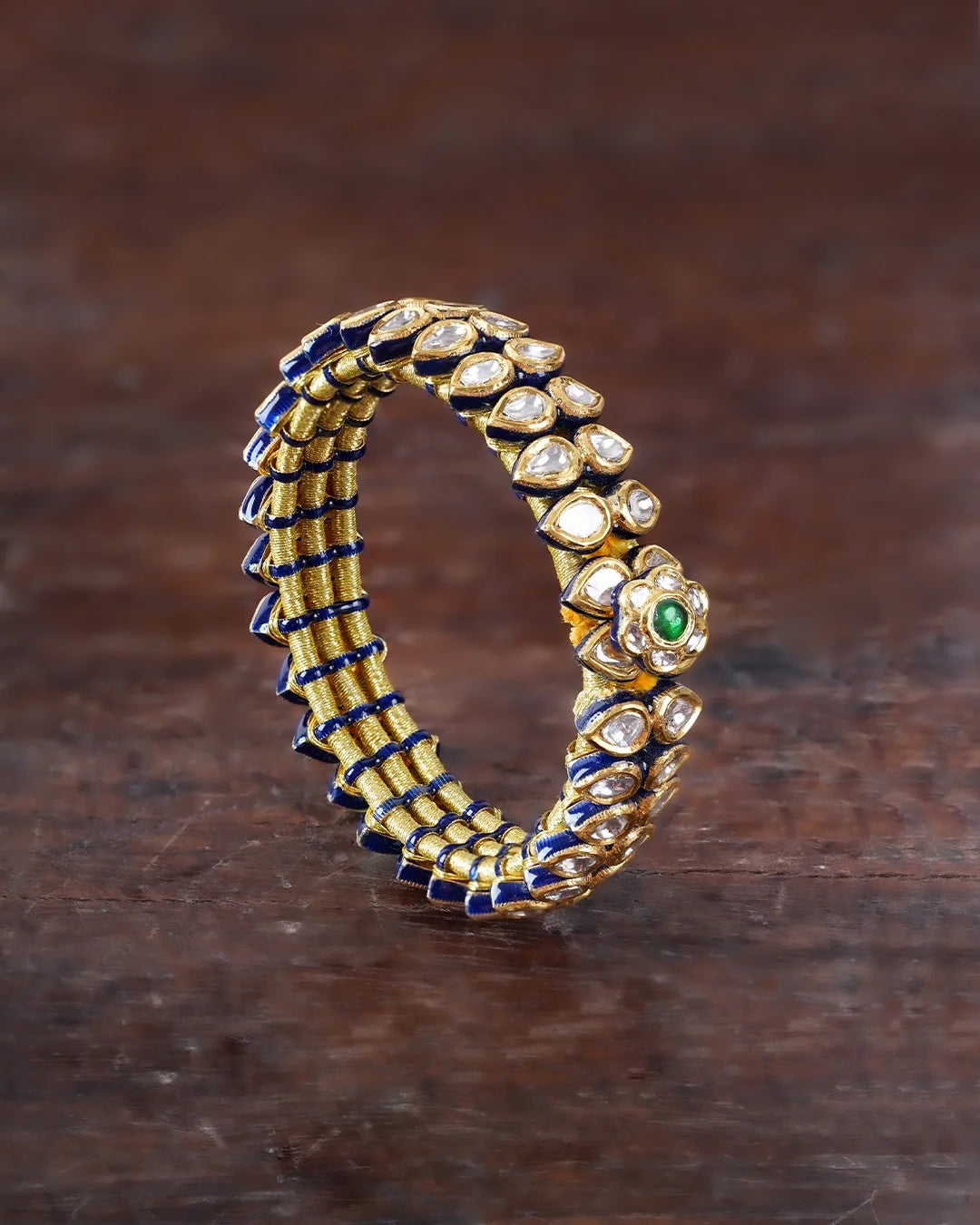 Jui kundan polki bracelet with emerald and blue enamel