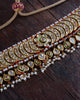 Lasya bridal choker necklace with uncut diamonds, pearls, red enamel and tourmaline in gold.