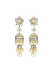 Maana Jhumka earrings in gold with pearl-centred diamond stud top and multi-tiered diamond bell drop, finished with cultured pearl fringe