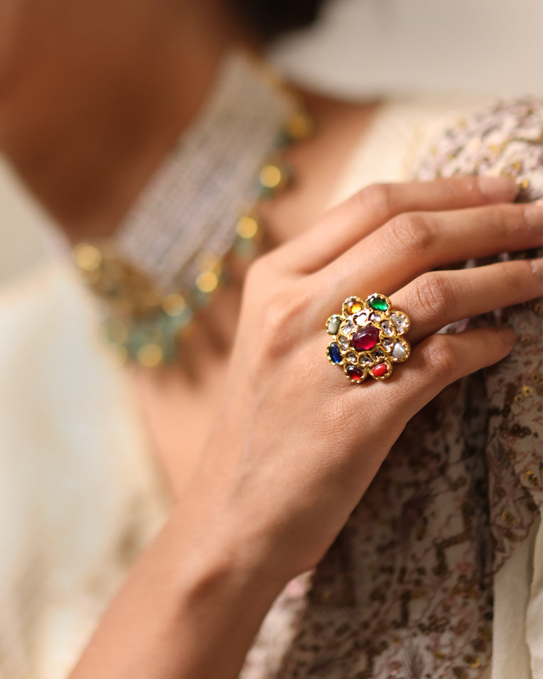 Jadau / Polki / Uncut diamonds / Ruby / Multicolor / Navratna ring