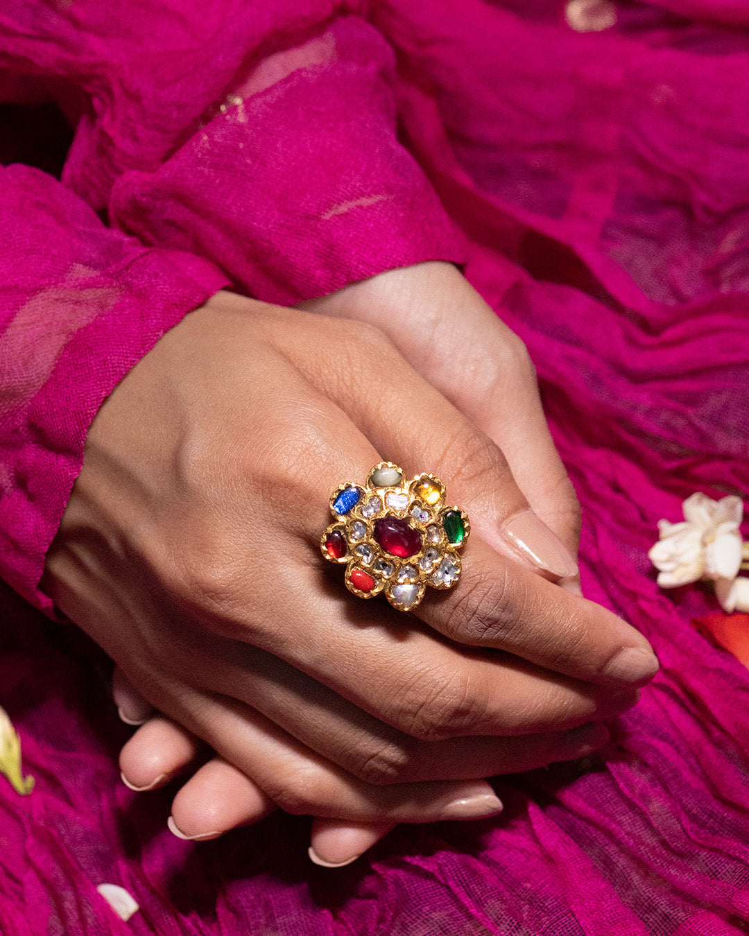 Jadau / Polki / Uncut diamonds / Ruby / Multicolor / Navratna ring