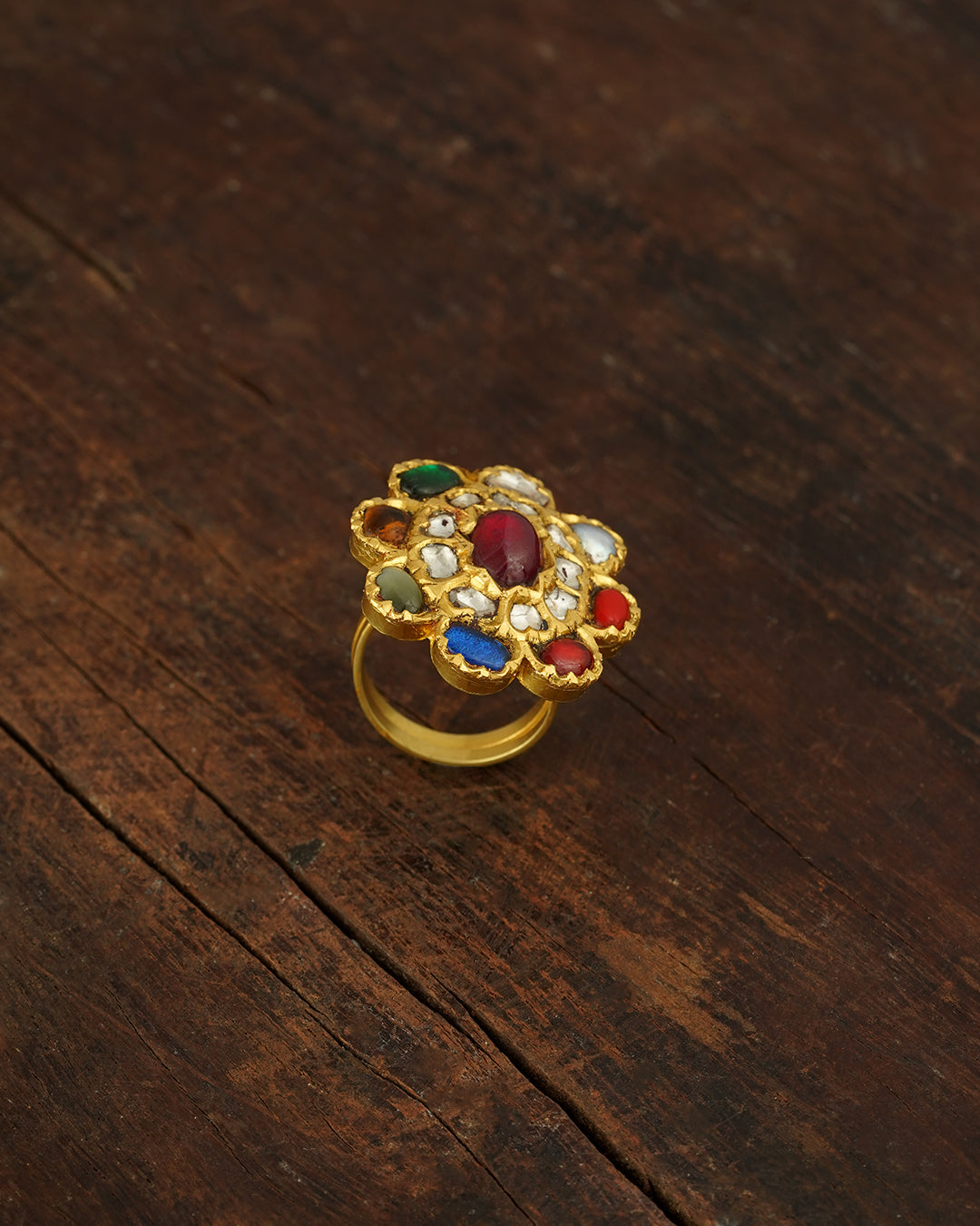 Jadau / Polki / Uncut diamonds / Ruby / Multicolor / Navratna ring