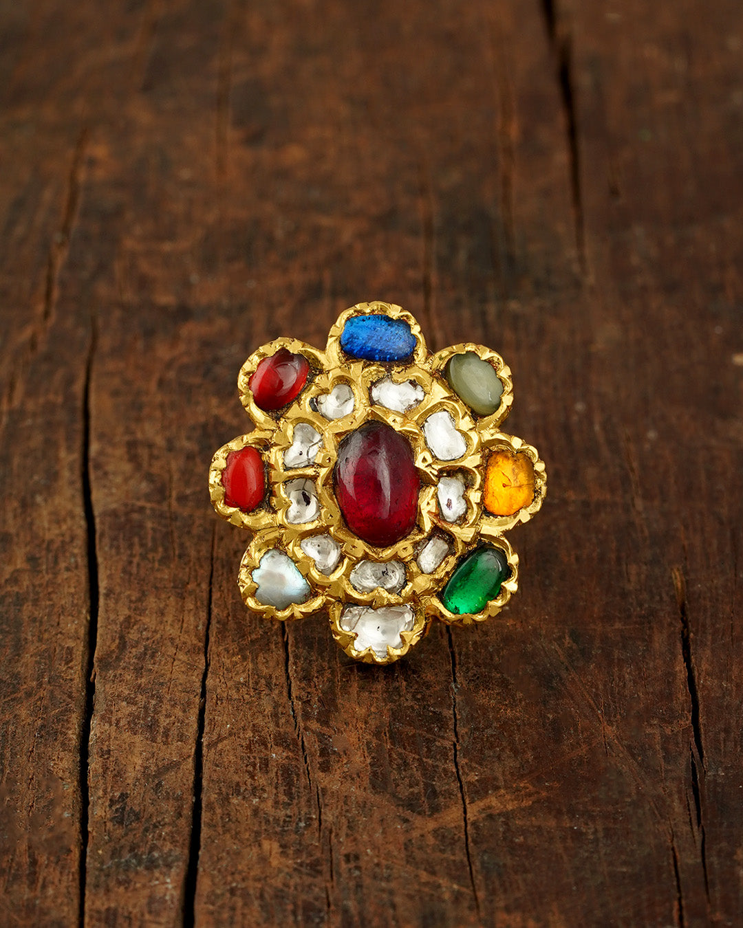 Jadau / Polki / Uncut diamonds / Ruby / Multicolor / Navratna ring