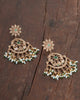 Close-up of Hyderabadi gold work on Nehir Earrings showing turquoise and green enamel fringe