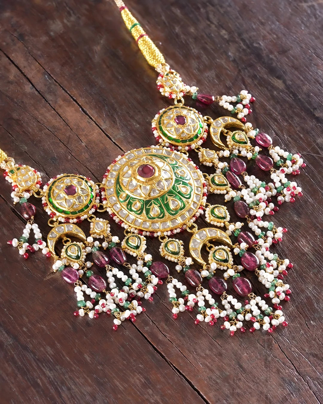 Raag polki necklace with tourmaline emeralds pearls and enamel