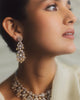 Model wearing the Saanjh diamond and pearl necklace with cultured pearl strands