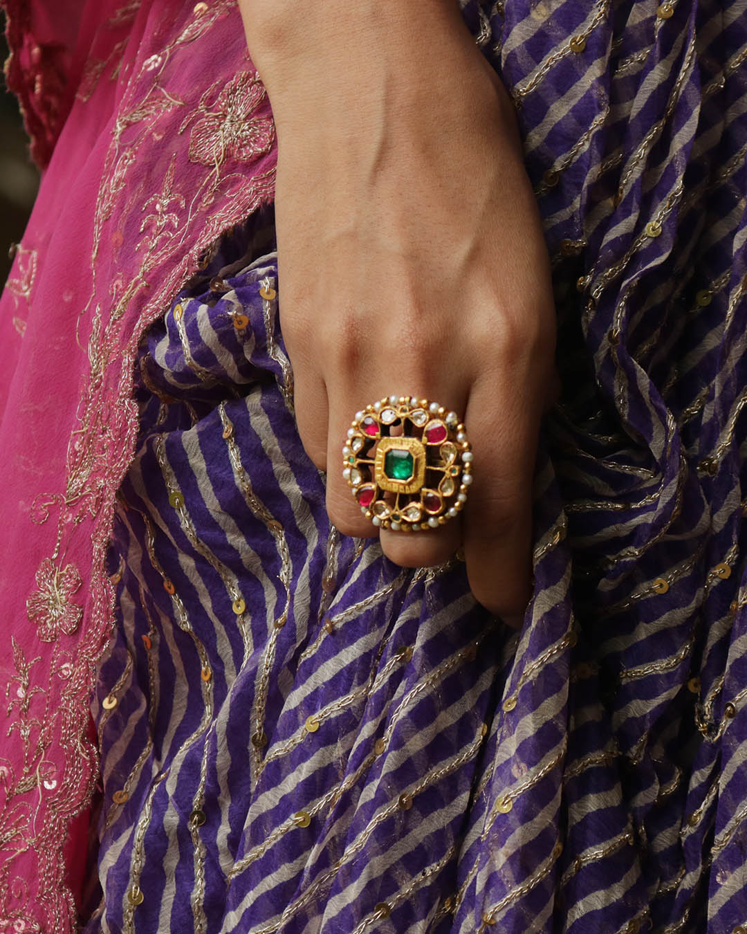 Kundan Polki Uncut Jadau Pearls Emerald Gemstones Ring