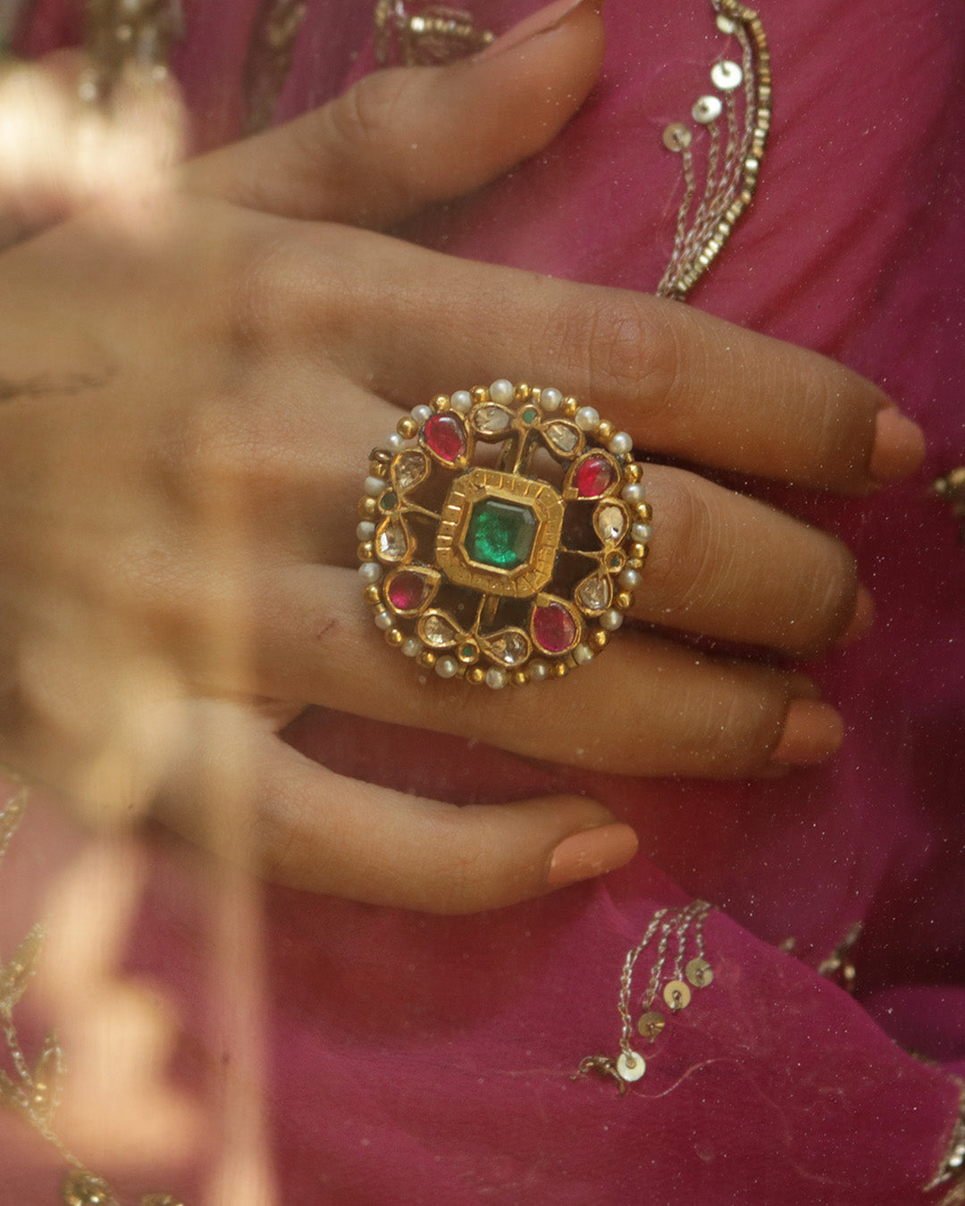 Kundan Polki Uncut Jadau Pearls Emerald Gemstones Ring