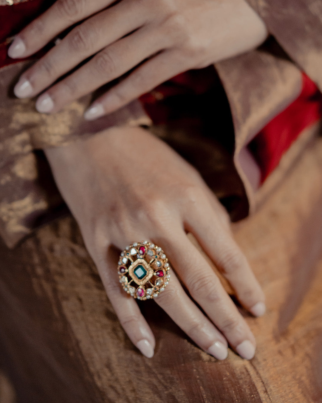 Kundan Polki Uncut Jadau Pearls Emerald Gemstones Ring