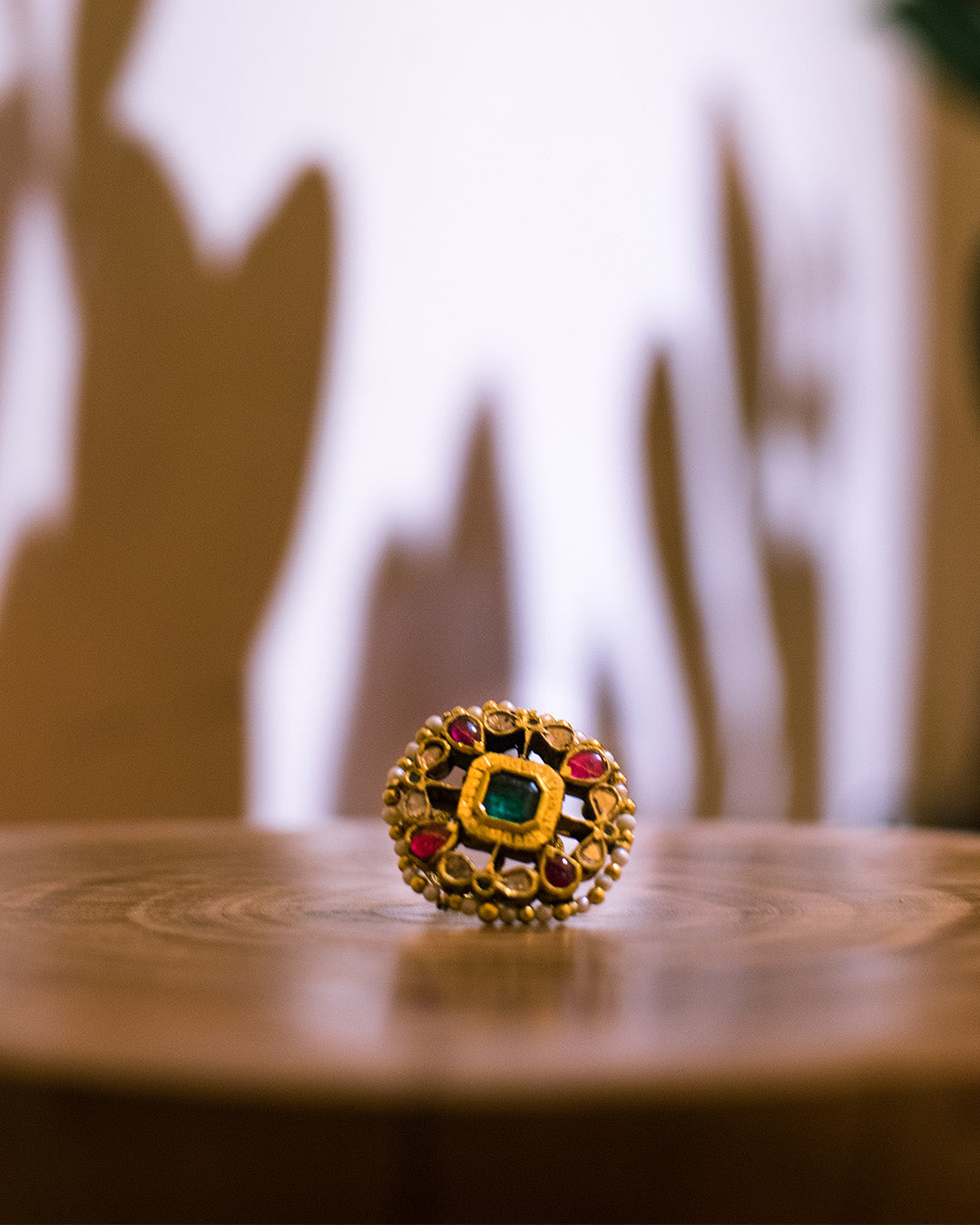 Kundan Polki Uncut Jadau Pearls Emerald Gemstones Ring