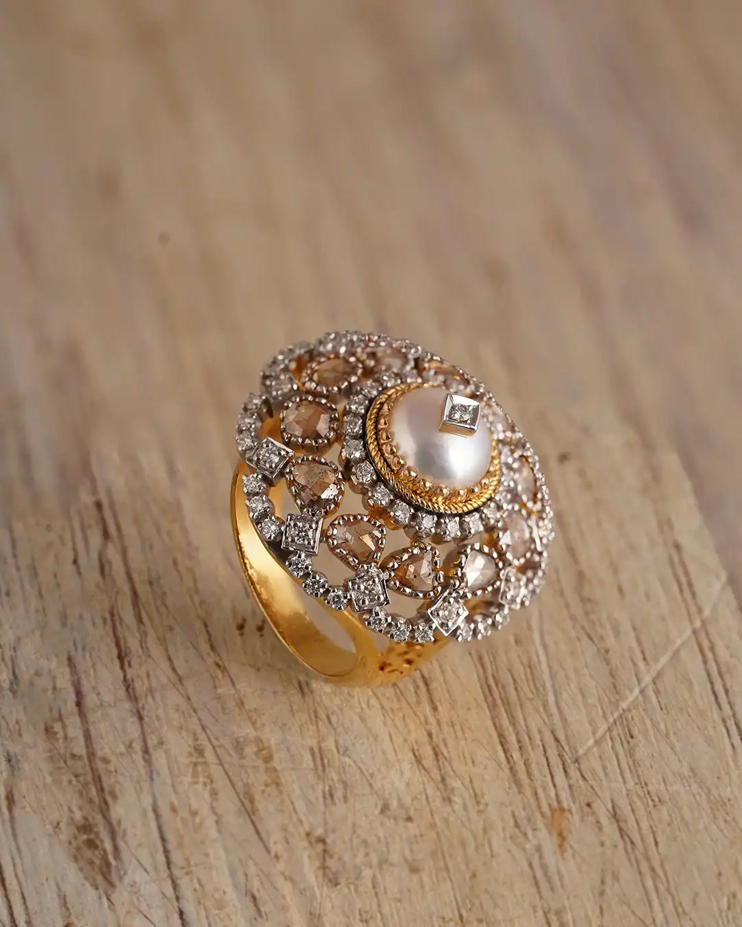 Uttara Gold Diamond and Pearl Cocktail Ring