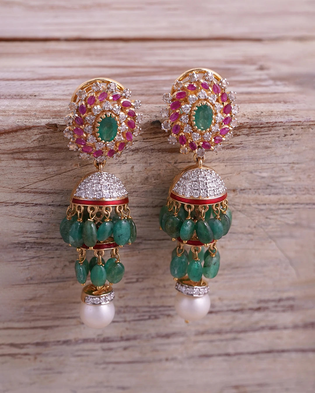 Ashwini Diamond Ruby And Emerald Jhumka Earrings Timeless Indian Jewelry Aurus