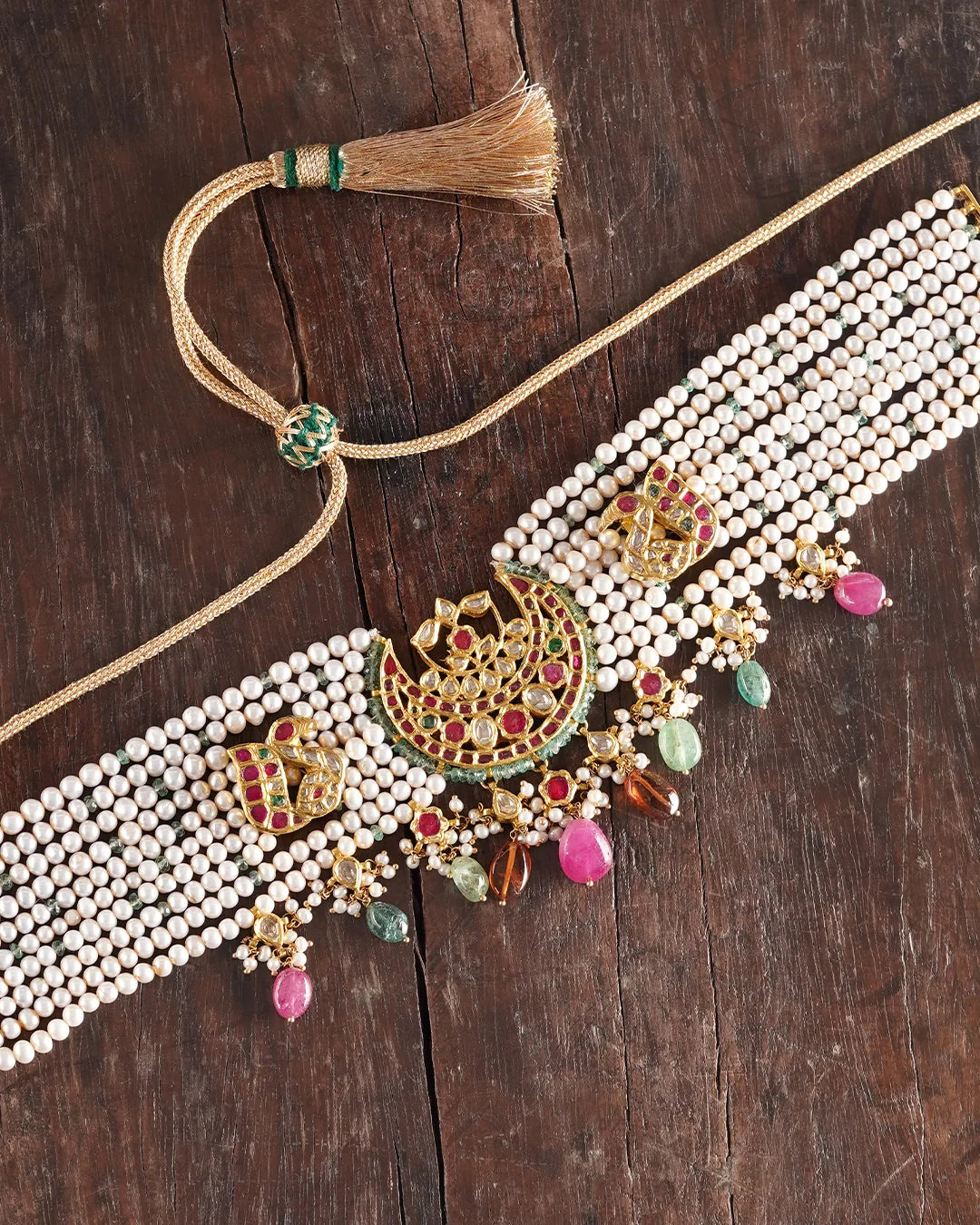 Brij Choker with Polki Diamonds Pearls Emerald and Kundan Work
