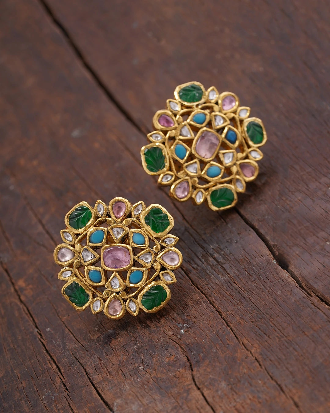 gold polki emerald and tourmaline ear studs