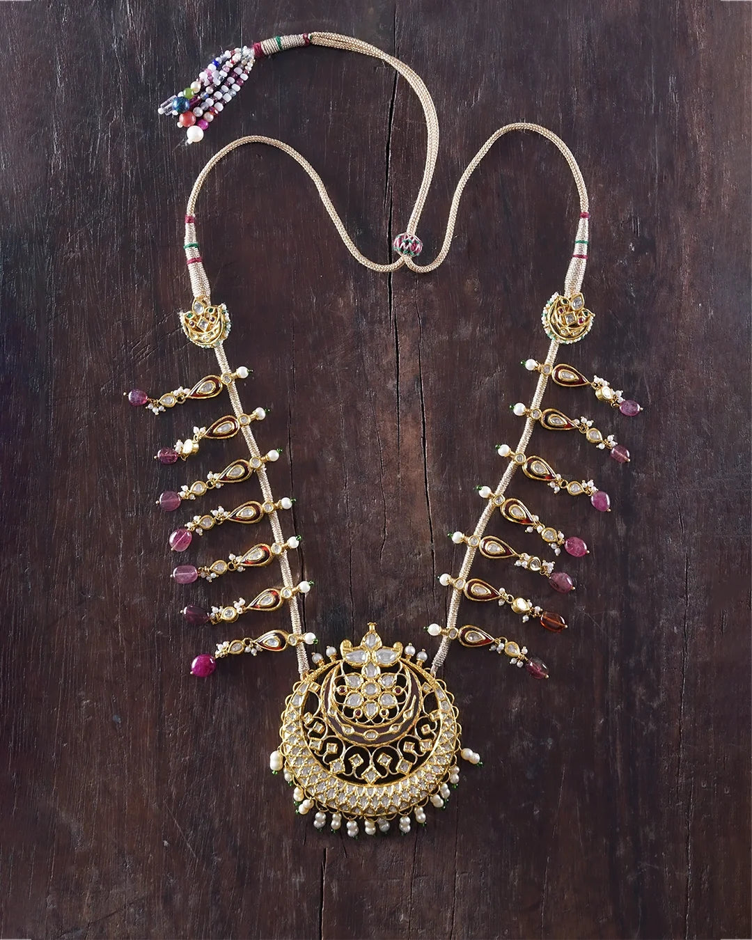 Yug Polki Kundan necklace with chaand motif pearls and red enamel