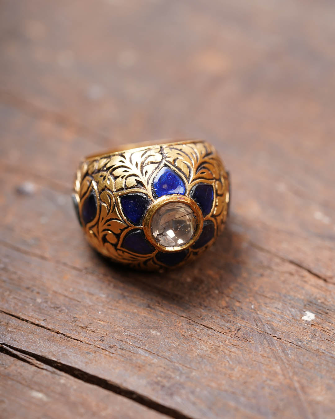 uncut polki jadau diamond blue gold ring