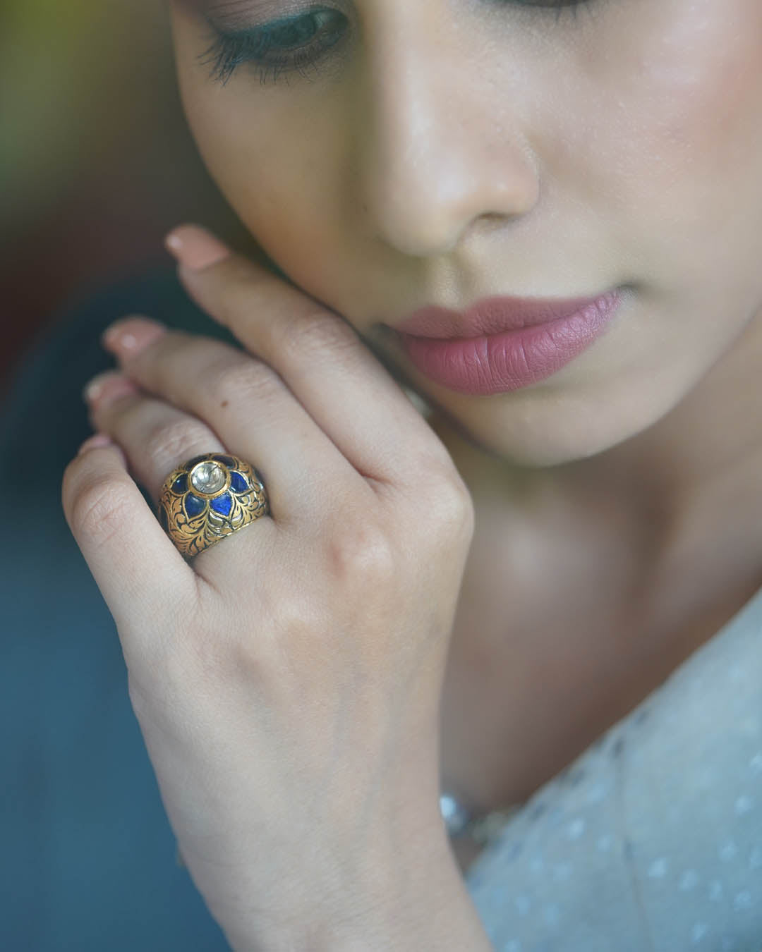 uncut polki jadau diamond blue gold ring