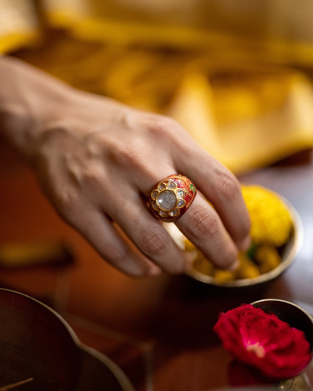 Buy Fida Stones Gold Floral Meenakari Ring @ Best Price