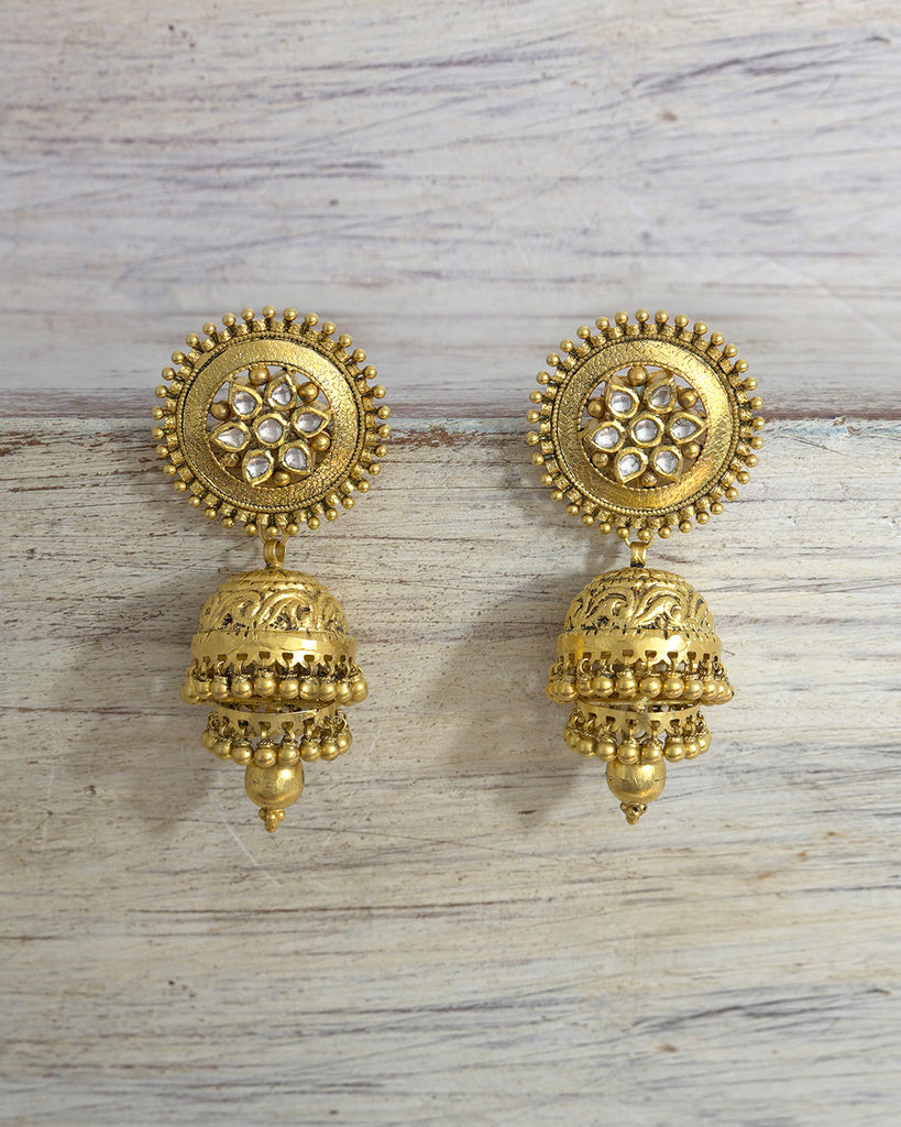 Gold Based Jhumka Earrings with Clustered Beads and Pearl Danglers – Viari